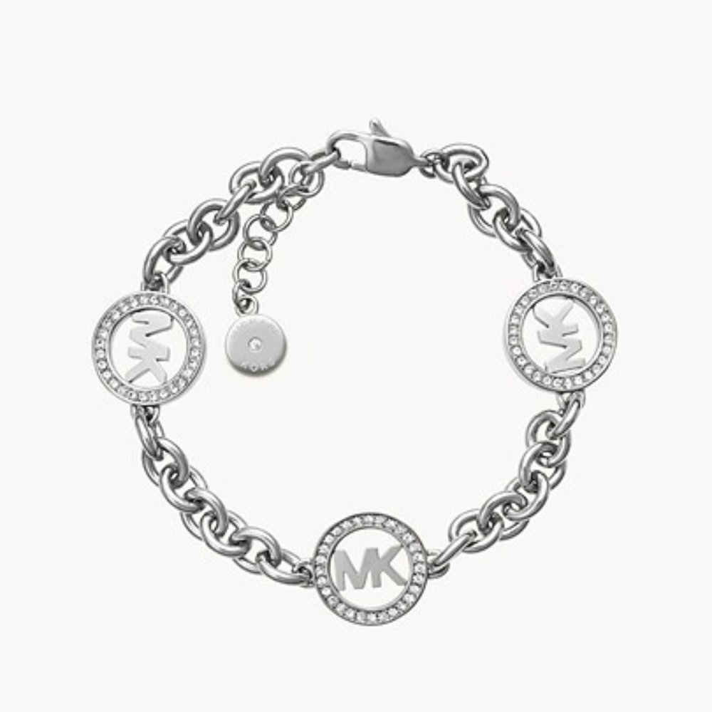 MICHAEL KORS Fulton Logo Silver Steel Chain Bracelet Crystals